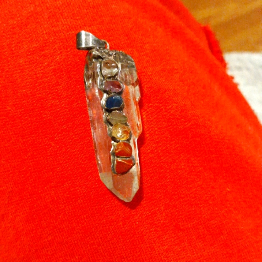 Clear quartz and crystal chakra pendant